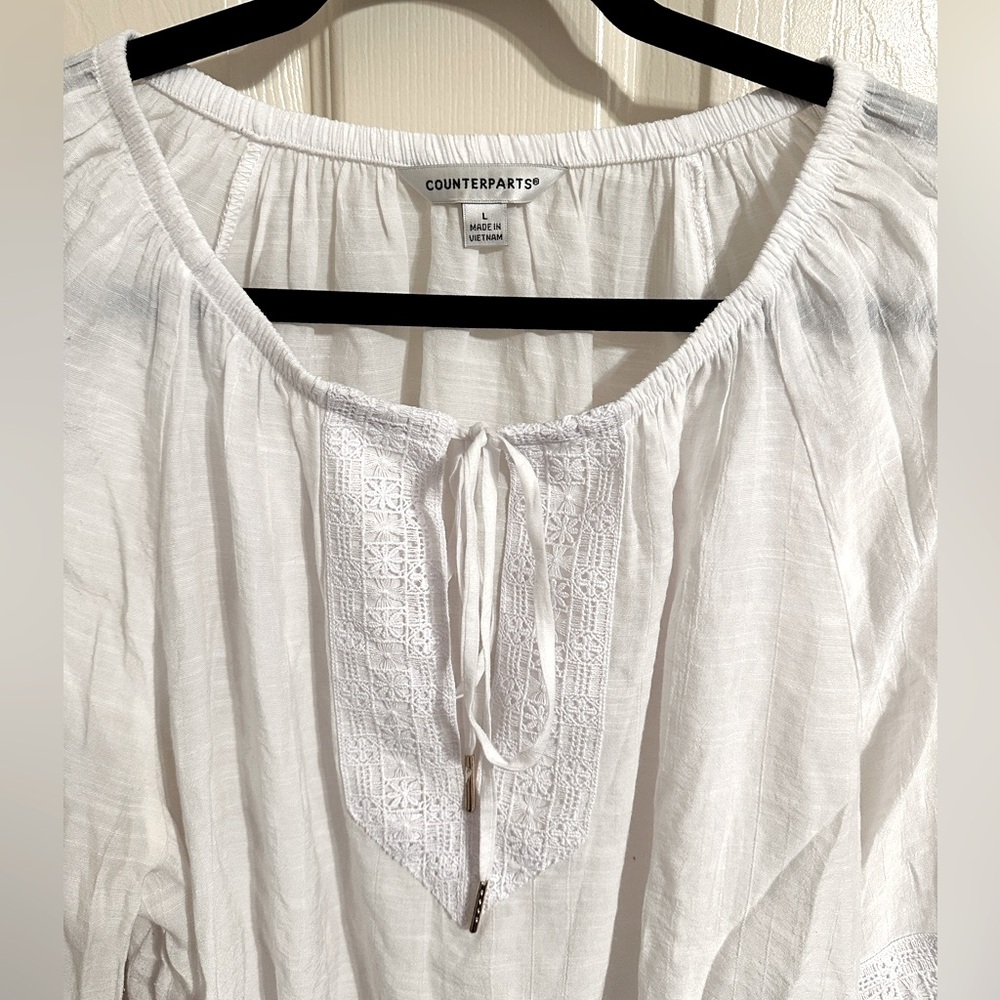 Counterparts Sheer Boho Tunic Blouse w Tie Front & 3/4 Bell Sleeves, White, Sz L - Picture 2 of 6